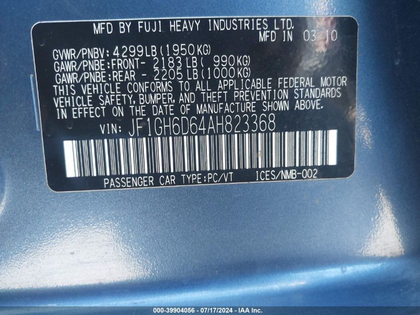 2010 Subaru Impreza Outback Sport VIN: JF1GH6D64AH823368 Lot: 39904056