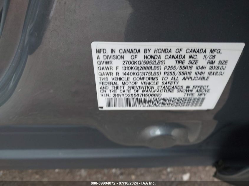 2007 Acura Mdx Sport Package VIN: 2HNYD28567H506810 Lot: 39904072