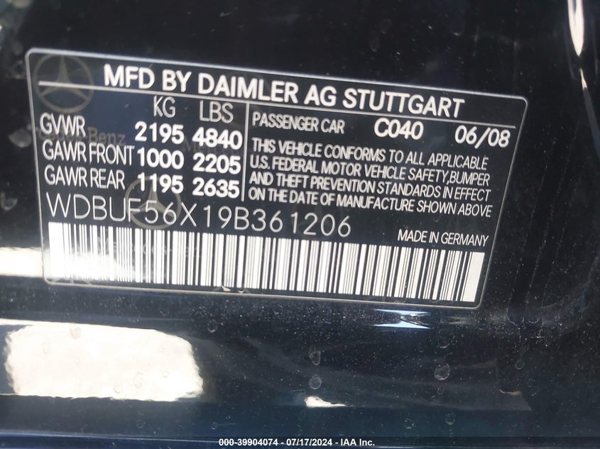 2009 Mercedes-Benz E 350 VIN: WDBUF56X19B361206 Lot: 39904074