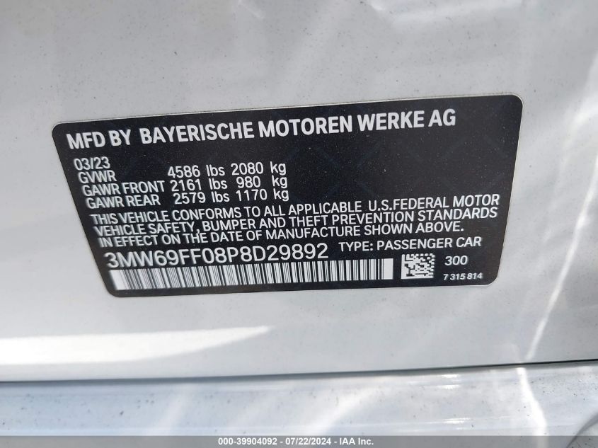 2023 BMW 330I VIN: 3MW69FF08P8D29892 Lot: 39904092