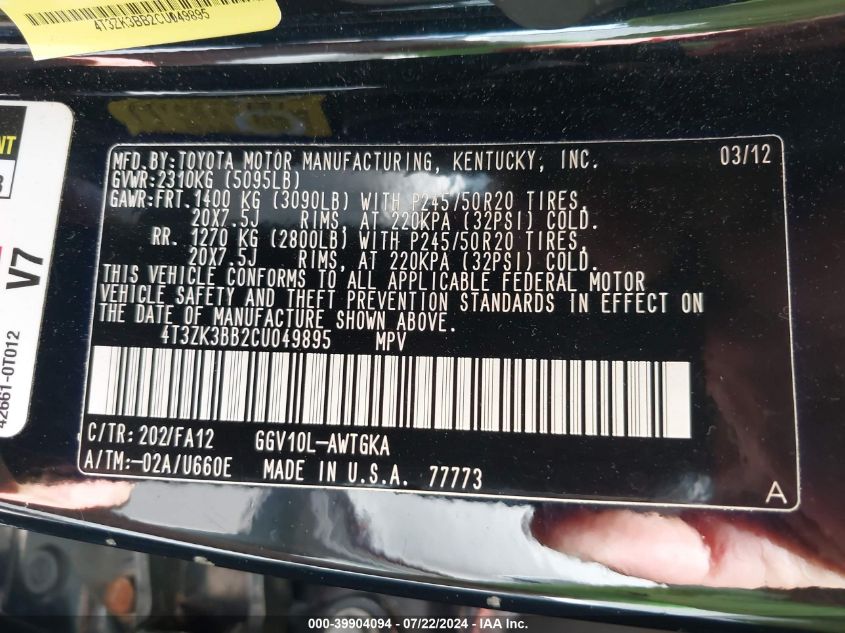 2012 Toyota Venza Le V6 VIN: 4T3ZK3BB2CU049895 Lot: 39904094