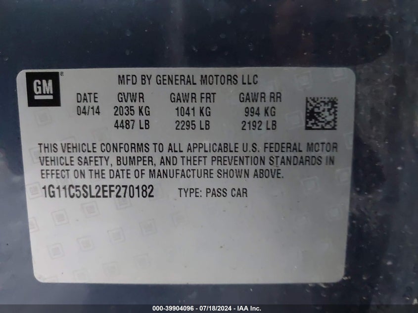 2014 Chevrolet Malibu 1Lt VIN: 1G11C5SL2EF270182 Lot: 39904096