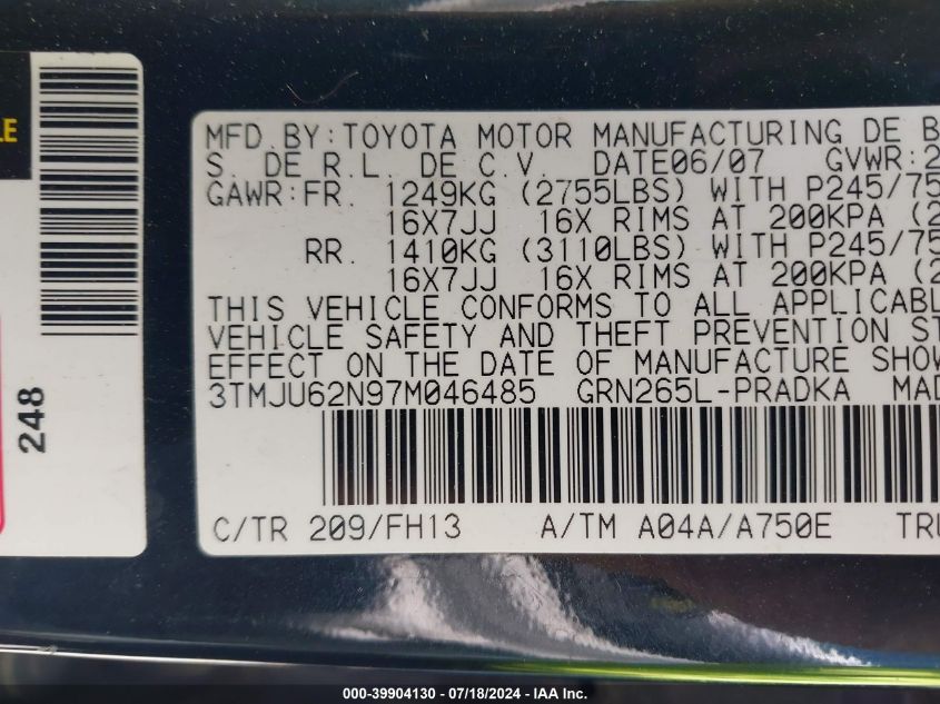 2007 Toyota Tacoma Prerunner V6 VIN: 3TMJU62N97M046485 Lot: 39904130