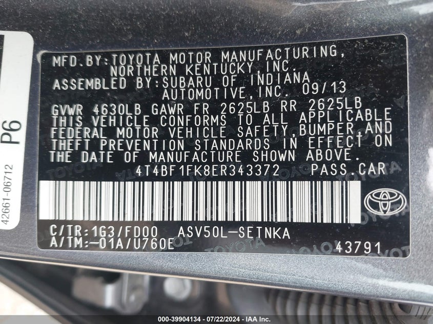 2014 Toyota Camry Le VIN: 4T4BF1FK8ER343372 Lot: 39904134