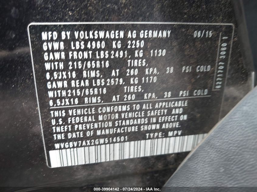 2016 Volkswagen Tiguan S VIN: WVGBV7AX2GW514501 Lot: 39904142