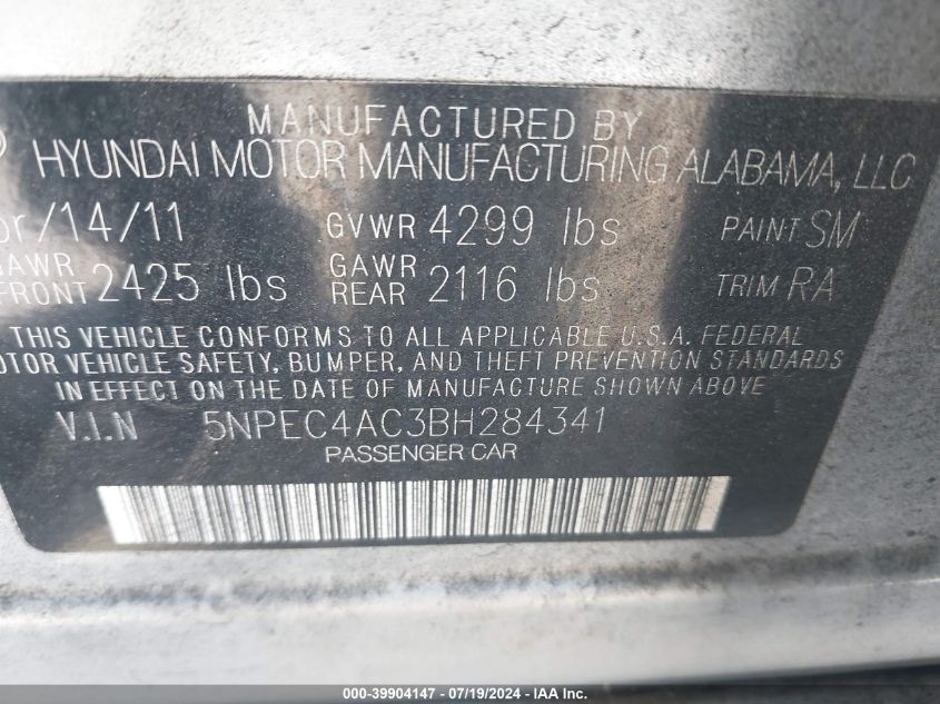 2011 Hyundai Sonata Se/Limited VIN: 5NPEC4AC3BH284341 Lot: 39904147