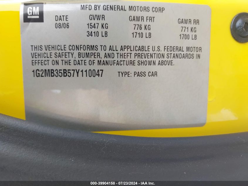 2007 Pontiac Solstice VIN: 1G2MB35B57Y110047 Lot: 39904158