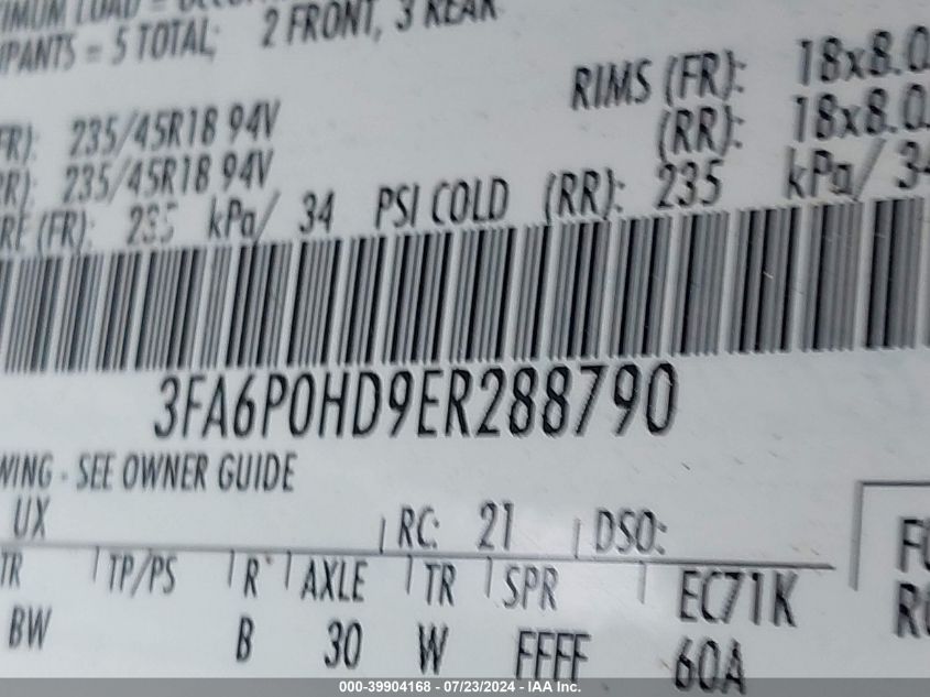 2014 Ford Fusion Se VIN: 3FA6P0HD9ER288790 Lot: 39904168