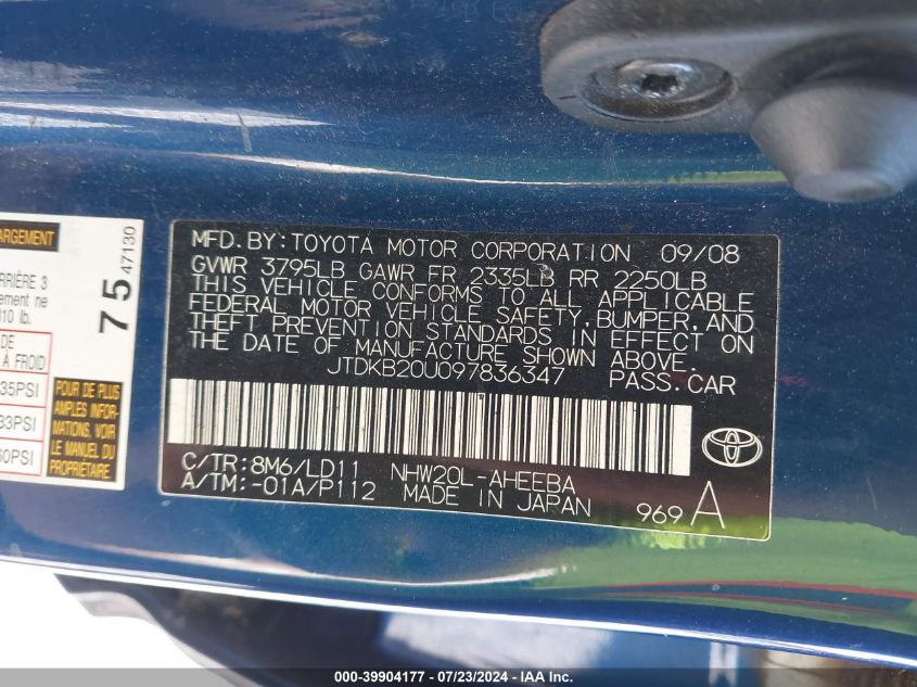 2009 Toyota Prius VIN: JTDKB20U097836347 Lot: 39904177