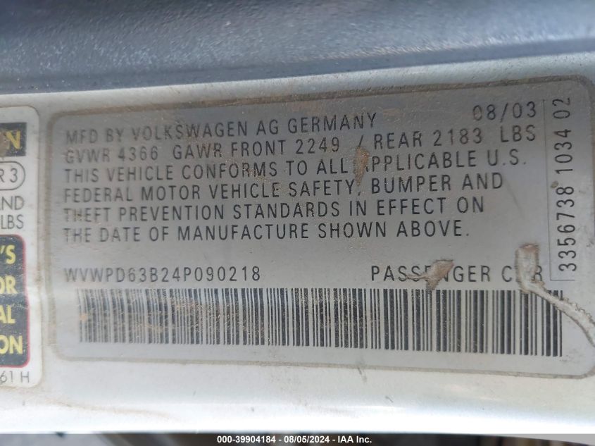 2004 Volkswagen Passat Gls VIN: WVWPD63B24P090218 Lot: 39904184