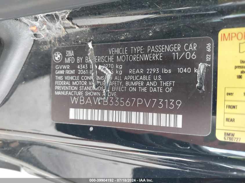 2007 BMW 328I I VIN: WBAWB33567PV73139 Lot: 39904192