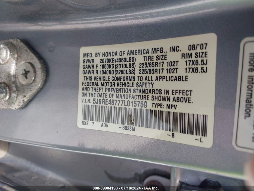 2007 Honda Cr-V Ex-L VIN: 5J6RE48777L015759 Lot: 39904198
