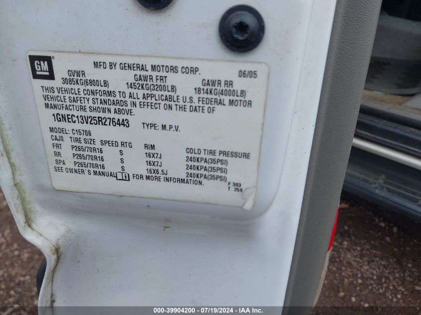 2005 Chevrolet Tahoe C1500 VIN: 1GNEC13V25R276443 Lot: 39904200
