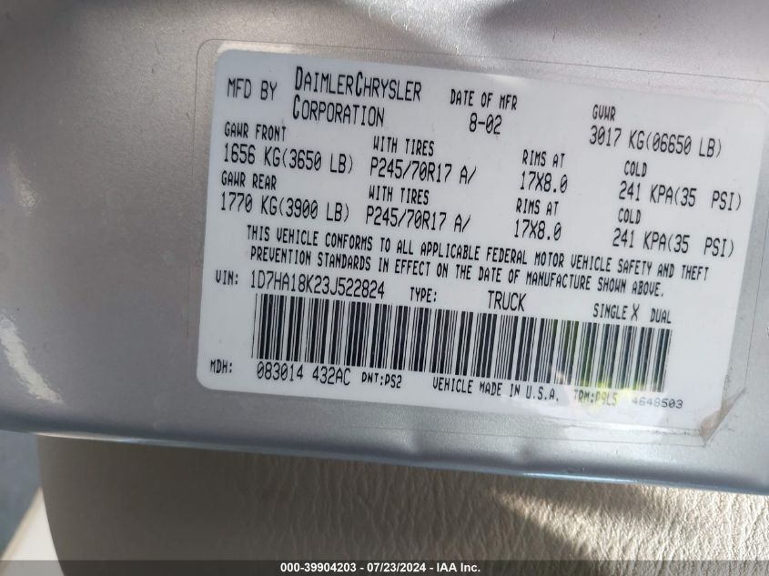 2003 Dodge Ram 1500 St VIN: 1D7HA18K23J522824 Lot: 39904203