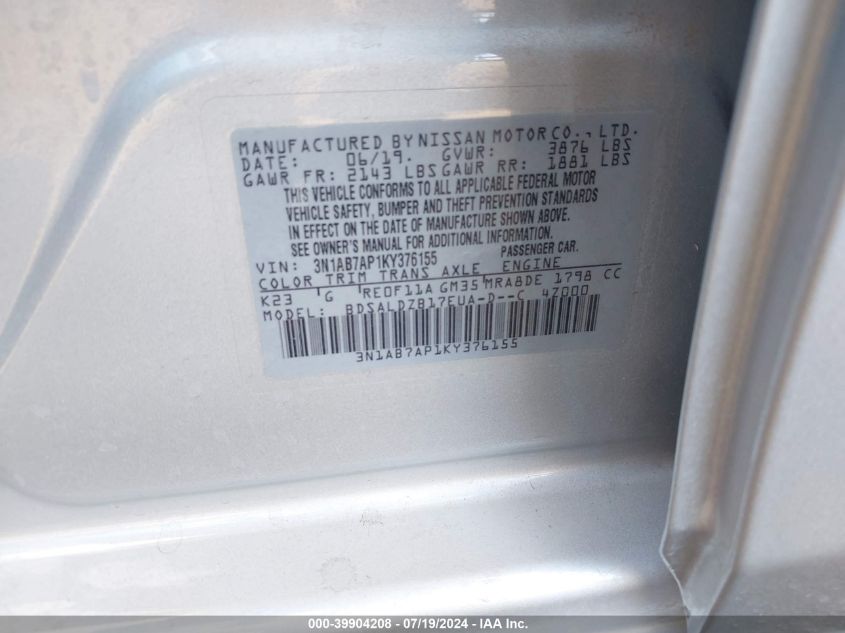 2019 Nissan Sentra Sv VIN: 3N1AB7AP1KY376155 Lot: 39904208