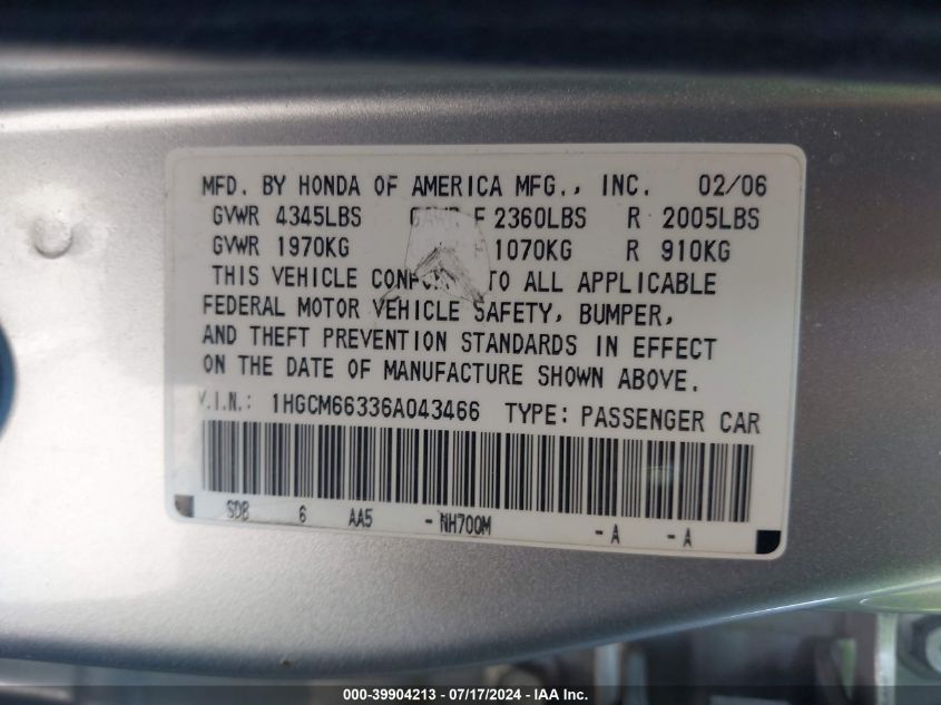 2006 Honda Accord 3.0 Lx VIN: 1HGCM66336A043466 Lot: 39904213