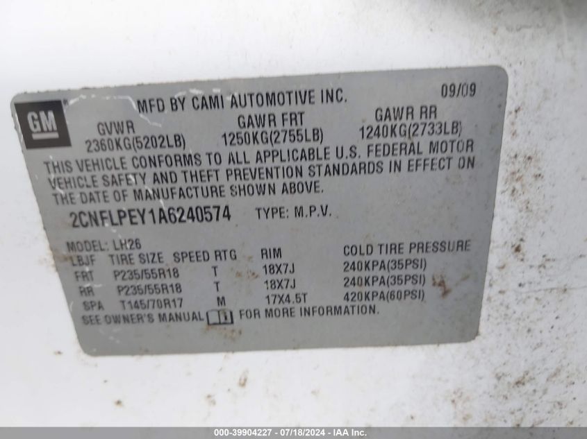 2010 Chevrolet Equinox Lt VIN: 2CNFLPEY1A6240574 Lot: 39904227