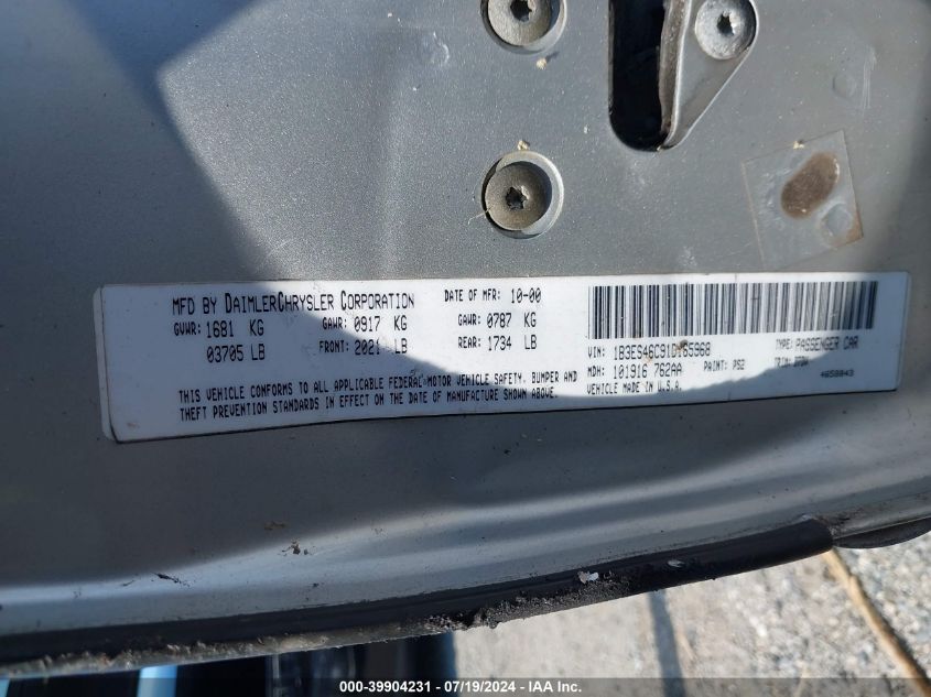 2001 Dodge Neon Se/Es VIN: 1B3ES46C91D165968 Lot: 39904231