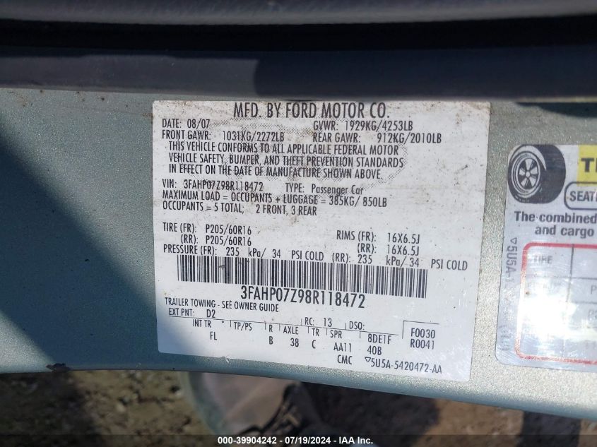 2008 Ford Fusion Se VIN: 3FAHP07Z98R118472 Lot: 39904242