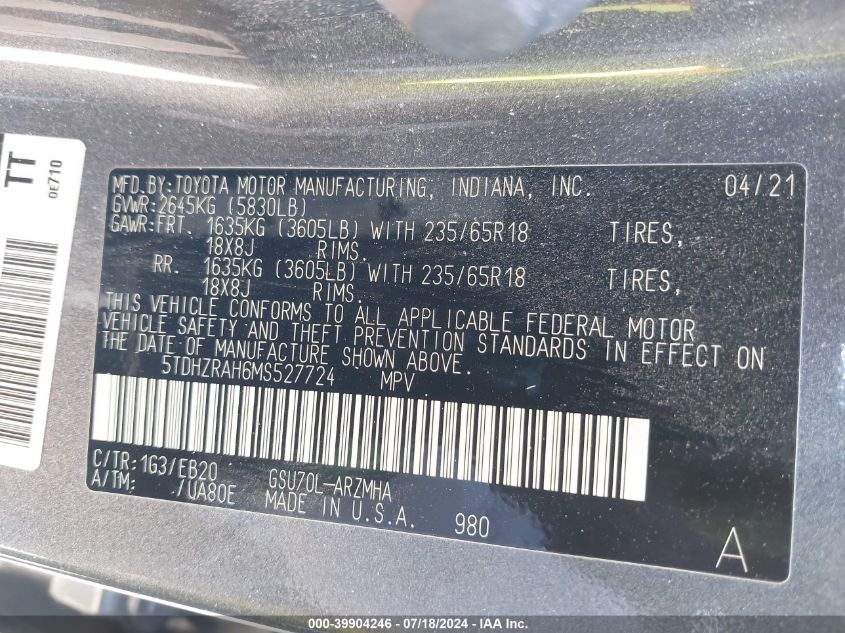 2021 Toyota Highlander Xle VIN: 5TDHZRAH6MS527724 Lot: 39904246