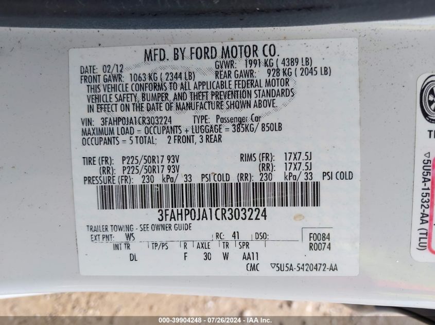 2012 Ford Fusion Sel VIN: 3FAHP0JA1CR303224 Lot: 39904248