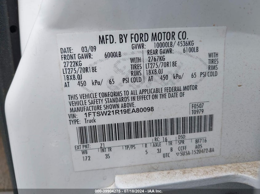 2009 Ford F-250 Fx4/Harley-Davidson/King Ranch/Lariat/Xl/Xlt VIN: 1FTSW21R19EA80098 Lot: 39904275