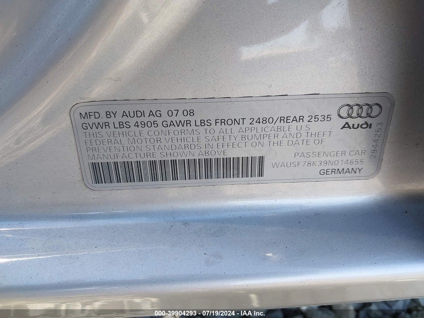 2009 Audi A4 2.0T Premium VIN: WAUSF78K39N014655 Lot: 39904293