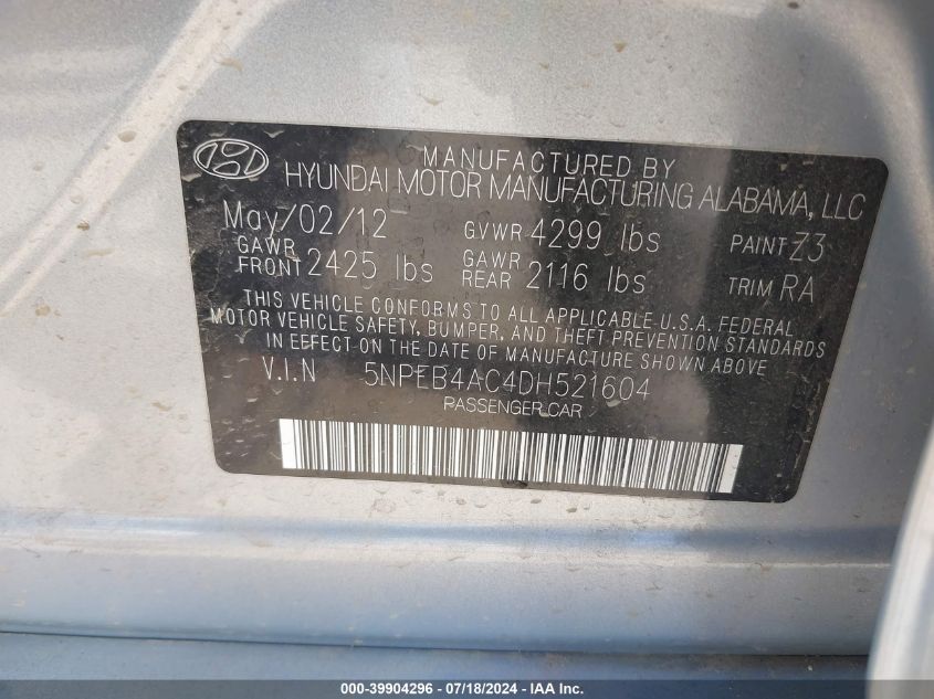 2013 Hyundai Sonata Gls VIN: 5NPEB4AC4DH521604 Lot: 39904296