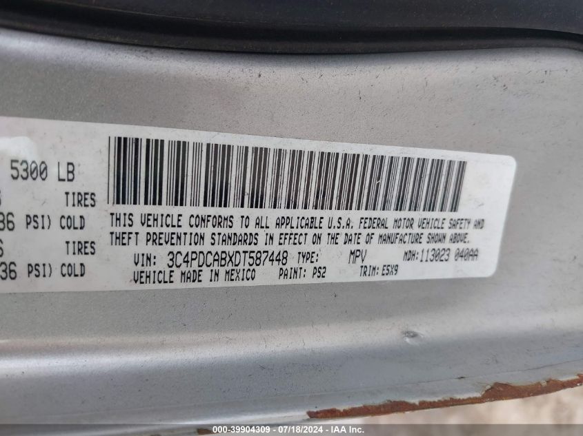 2013 Dodge Journey American Value Pkg VIN: 3C4PDCABXDT587448 Lot: 39904309