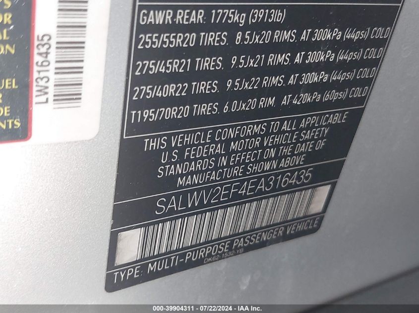 2014 Land Rover Range Rover Sport 5.0L V8 Supercharged Autobiography VIN: SALWV2EF4EA316435 Lot: 39904311