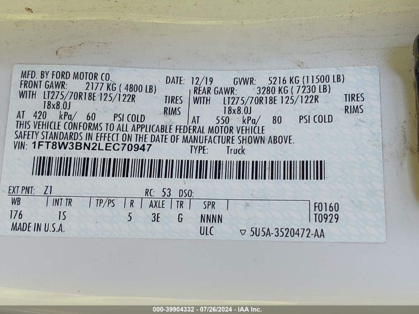 2020 Ford F-350 Super Duty VIN: 1FT8W3BN2LEC70947 Lot: 39904332