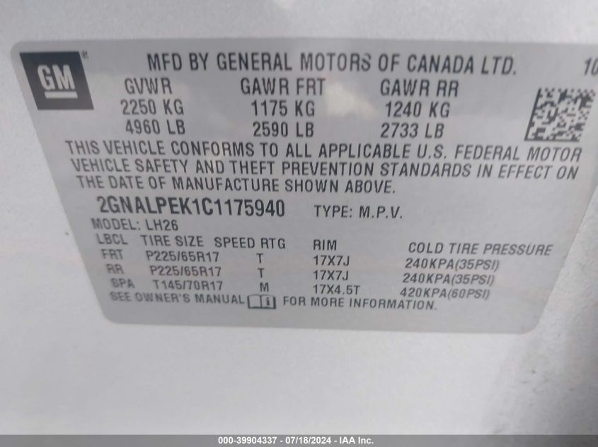 2012 Chevrolet Equinox 2Lt VIN: 2GNALPEK1C1175940 Lot: 39904337