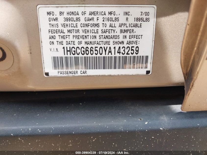 2000 Honda Accord Lx VIN: 1HGCG6650YA143259 Lot: 39904339
