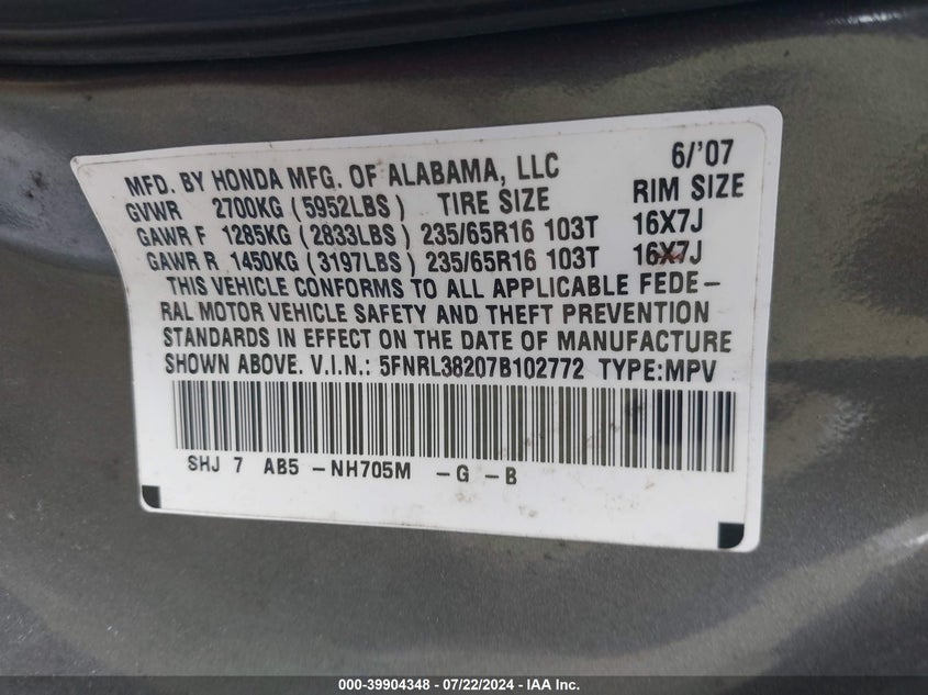 2007 Honda Odyssey Lx VIN: 5FNRL38207B102772 Lot: 39904348