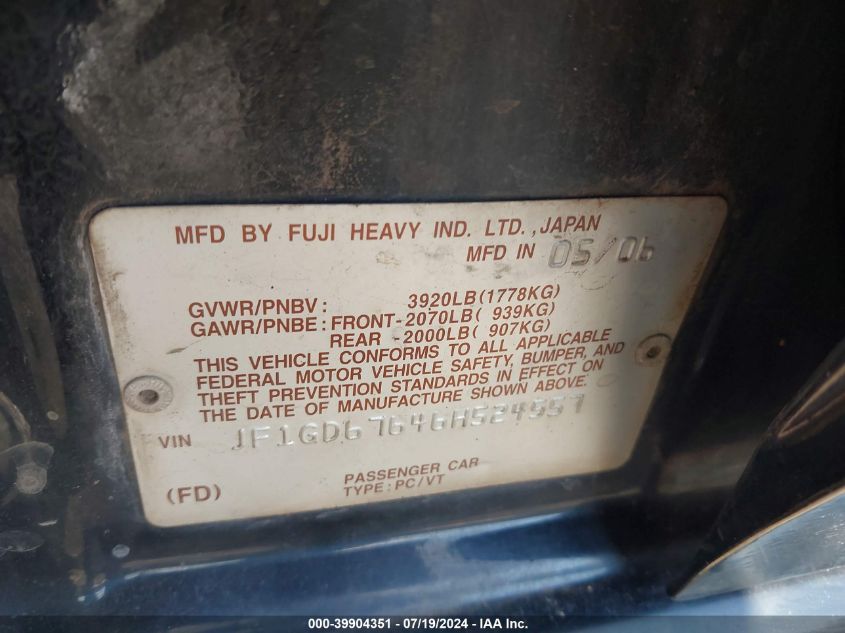 2006 Subaru Impreza 2.5I VIN: JF1GD67646H524557 Lot: 39904351