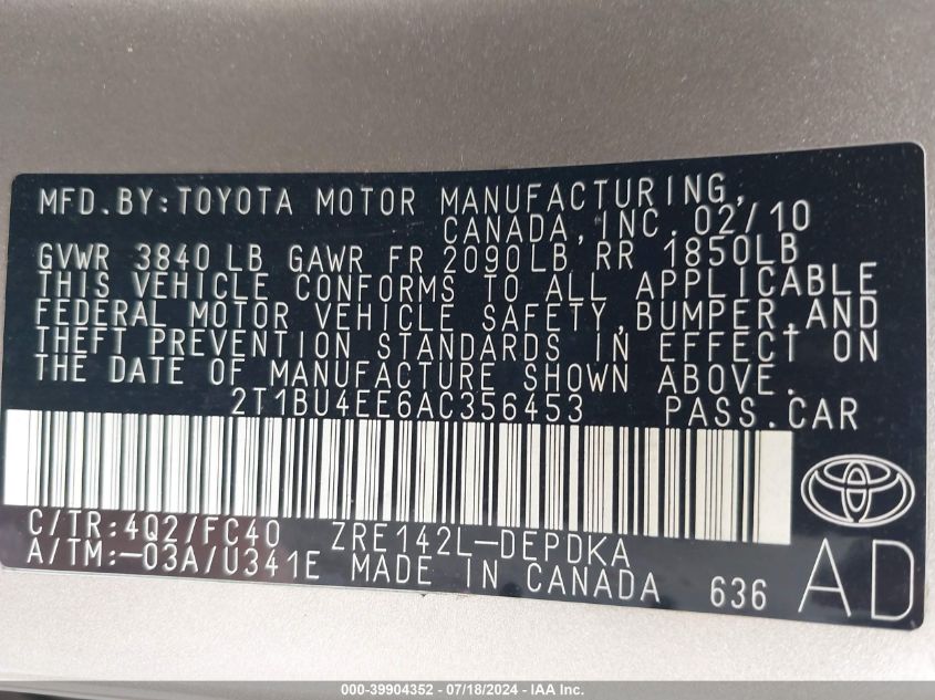 2010 Toyota Corolla Le VIN: 2T1BU4EE6AC356453 Lot: 39904352