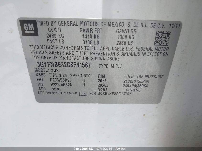 2012 Cadillac Srx Performance Collection VIN: 3GYFNBE32CS541567 Lot: 39904353