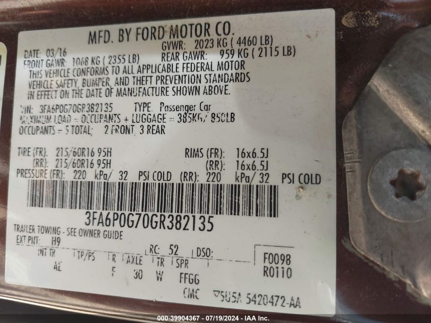 2016 Ford Fusion S VIN: 3FA6P0G70GR382135 Lot: 39904367