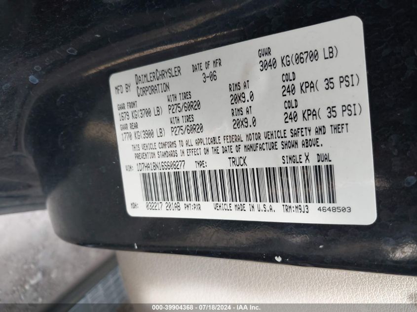 2006 Dodge Ram 1500 Slt VIN: 1D7HA18N16S608277 Lot: 39904368