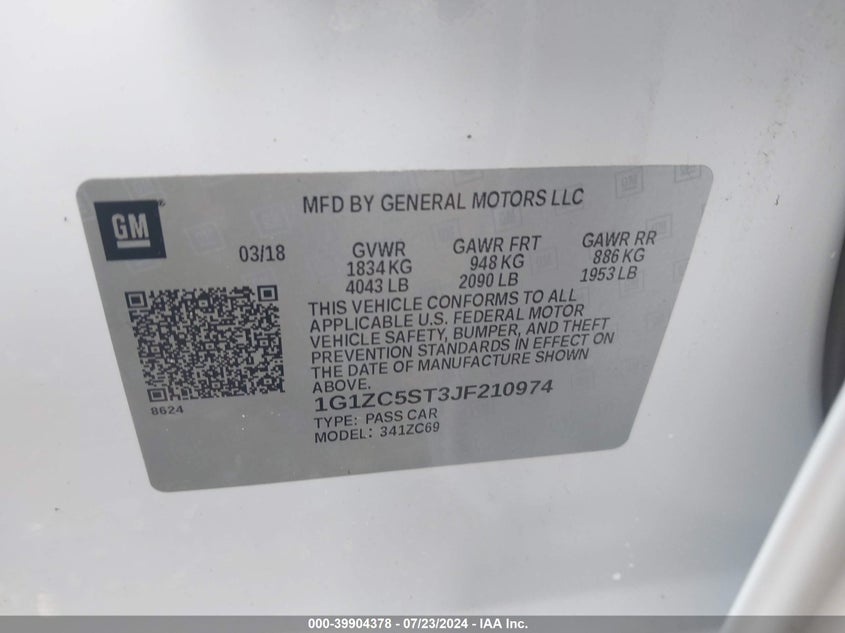 VIN 1G1ZC5ST3JF210974 2018 CHEVROLET MALIBU 1FL