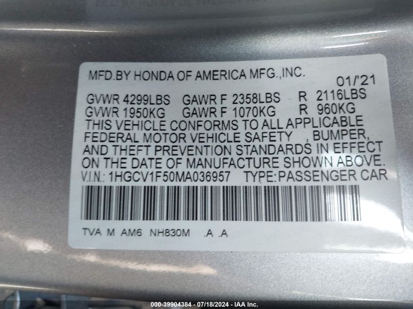 1HGCV1F50MA036957 2021 Honda Accord Ex-L