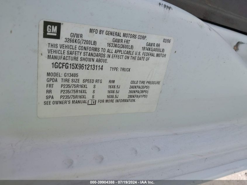 2006 Chevrolet Express Work Van VIN: 1GCFG15X961213114 Lot: 39904388