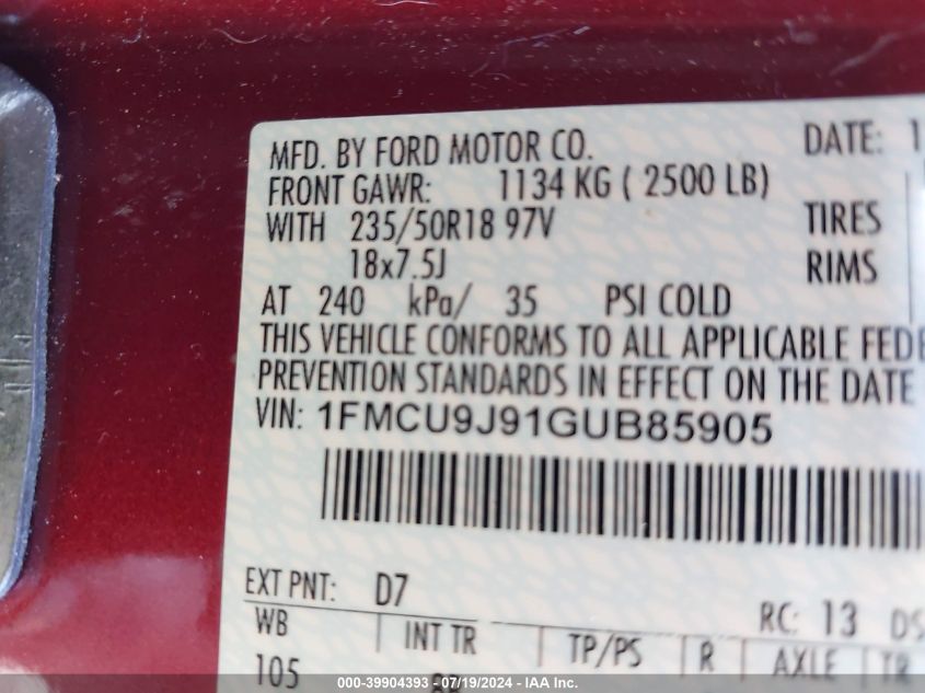 2016 Ford Escape Titanium VIN: 1FMCU9J91GUB85905 Lot: 39904393