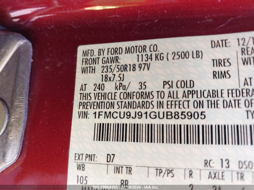 2016 Ford Escape Titanium VIN: 1FMCU9J91GUB85905 Lot: 39904393