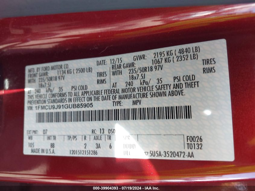 2016 Ford Escape Titanium VIN: 1FMCU9J91GUB85905 Lot: 39904393