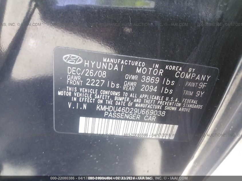 KMHDU46D29U669038 2009 Hyundai Elantra Gls