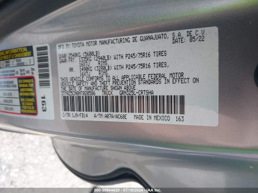 2022 Toyota Tacoma Access Cab/Sr/Sr5/Trd Spo VIN: 3TYRZ5CN8NT020586 Lot: 39904420