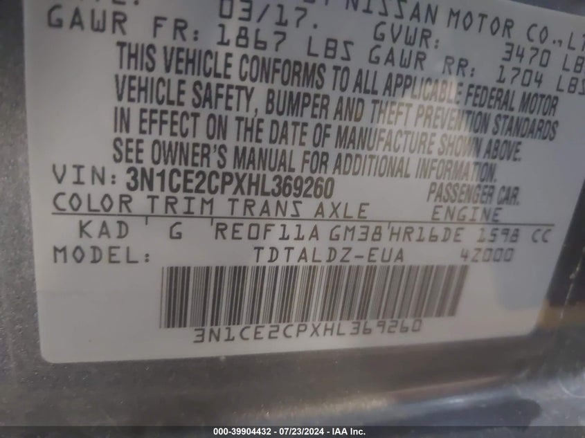 VIN 3N1CE2CPXHL369260 2017 NISSAN VERSA NOTE SV