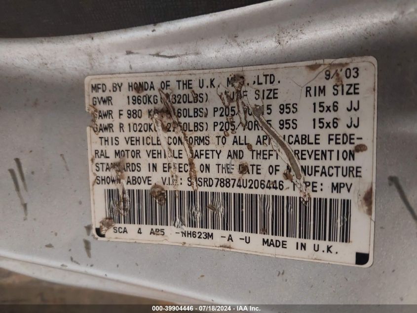 2004 Honda Cr-V Ex VIN: SHSRD78874U206446 Lot: 39904446