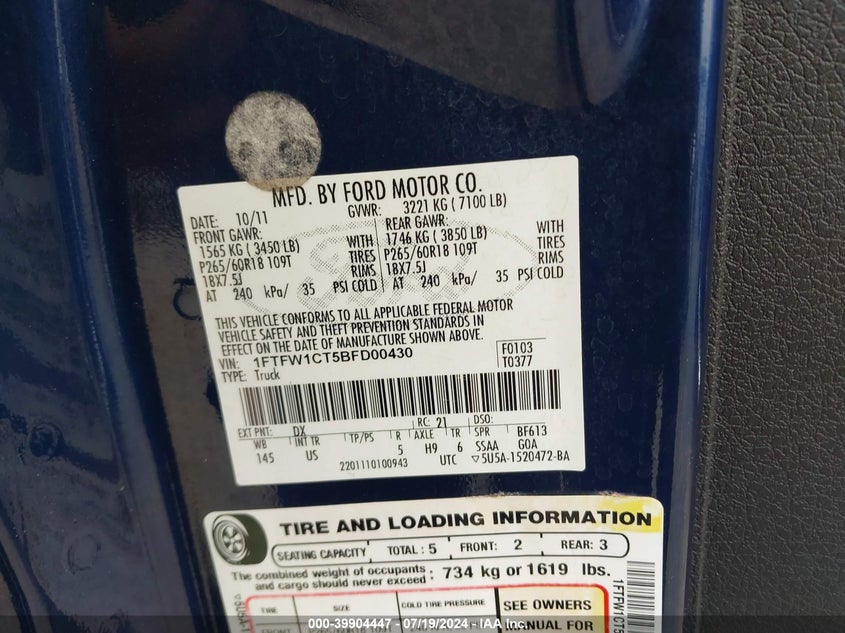 2011 Ford F-150 Supercrew VIN: 1FTFW1CT5BFD00430 Lot: 39904447